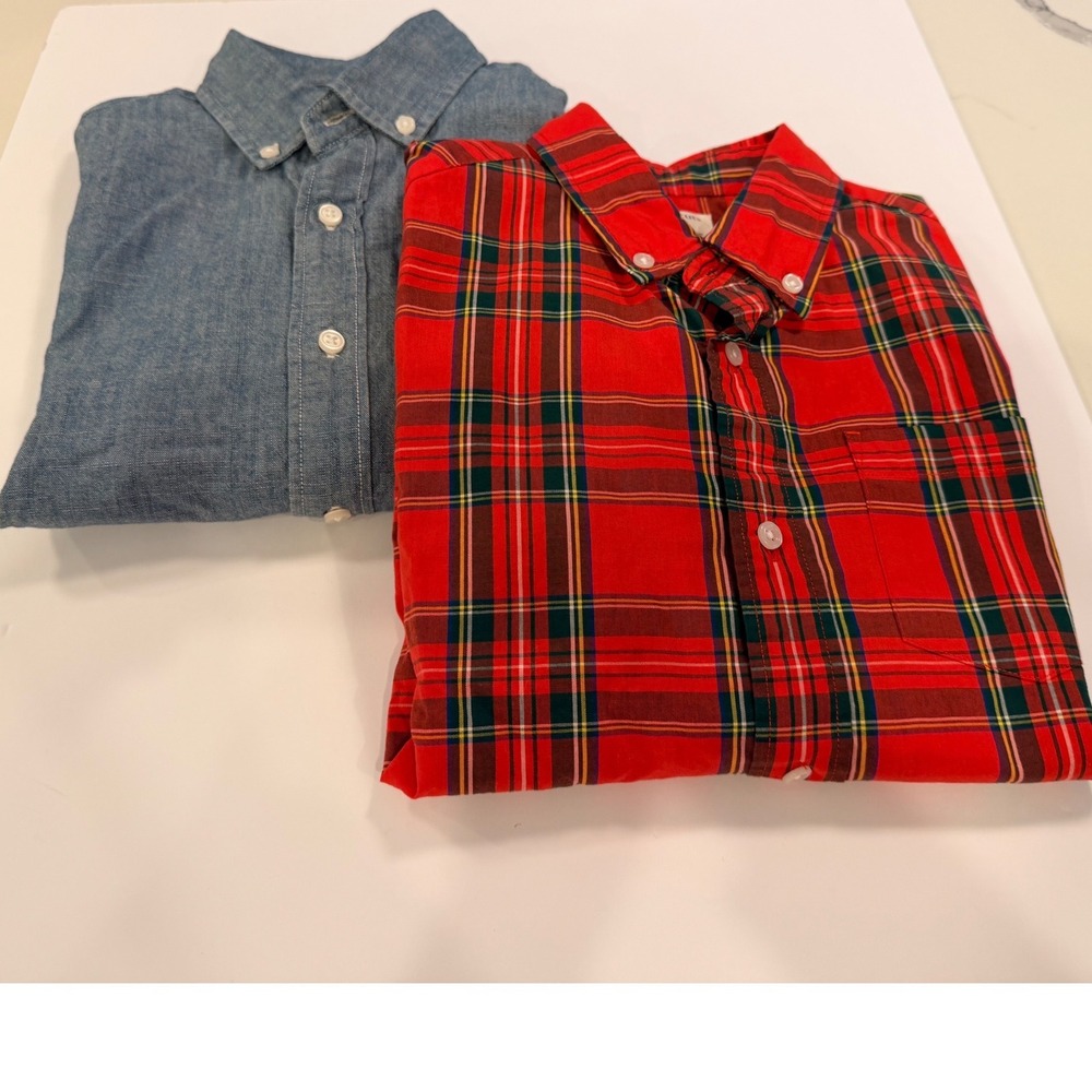 J.Crew Crewcuts Boys 8 Red Tartan Plaid & Chambray Button Down Shirts 2pc NWOT